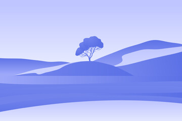 Wall Mural - Minimalist landscape poster with lonely tree on island against mountain. Wild nature scene hand drawn painting. Lake and cliffs at twilight art wallpaper for prints and decoration. Vector illustration