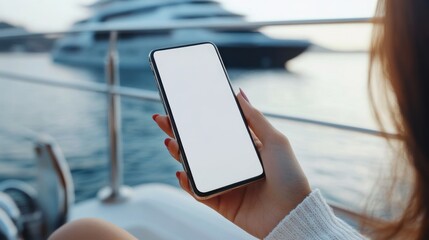 woman sitting on yacht holding mobile phone