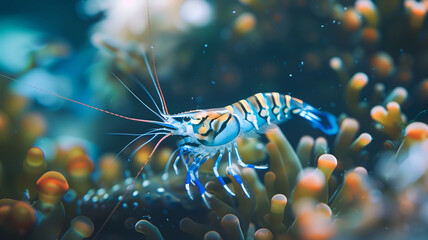 A single live shrimp suspended in water