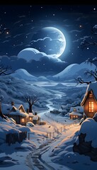 Wall Mural - Winter village at night with moon and stars. 3D illustration.