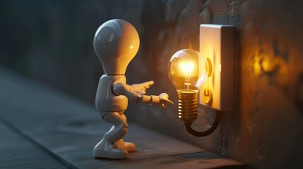 Robotic figure interacting with illuminated light bulb in socket, futuristic art.