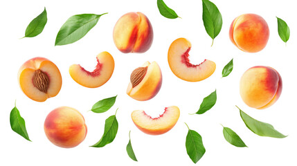 set of peach fruit with half slice and green leaves isolated on transparent white background, clippi