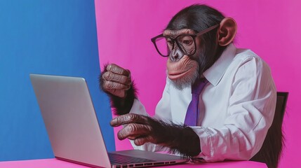 Wall Mural - A monkey wearing glasses and a tie is sitting at a desk and using a laptop. Concept of humor and playfulness, as the monkey is dressed in a business attire and using a computer