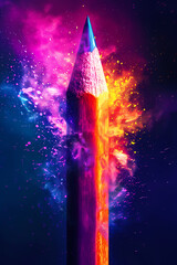 cosmic crayon: a single pencil, its tip ablaze with vibrant, ethereal hues, stands against a dark ba