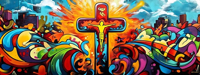 Wall Mural - Graffiti art of the cross with fire and cityscape, colorful urban street art in vibrant colors with an energetic atmosphere