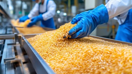 Quality Control, Hands sorting rice in factory, Food processing.