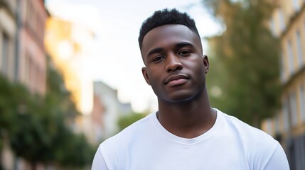 Wall Mural - A young man with a shaved head and a white shirt is standing on a sidewalk. He is looking at the camera with a serious expression