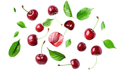 Wall Mural - red cherries with green leaves slice isolated on transparent white background, clipping path