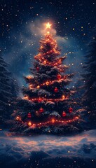 Wall Mural - A beautifully lit Christmas tree adorned with ornaments, glowing in a serene winter landscape, under a starry night sky.