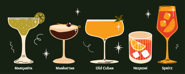 Classical alcohol cocktails vector illustrations set cartoon retro groovy funky style. Collection of various summer fancy drinks in different shapes glasses. Margarita, Manhattan, Negroni, Old Cuban