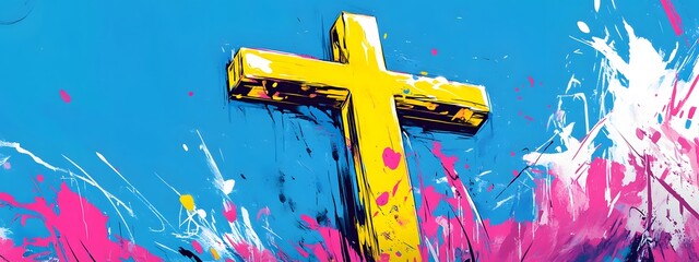 Wall Mural - A vibrant digital illustration of the cross, with dynamic brush strokes and bold colors creating an energetic atmosphere