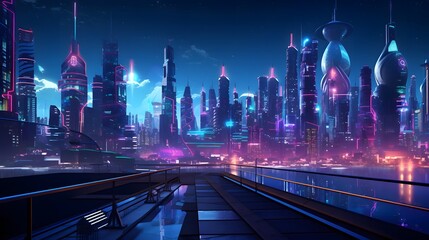 Wall Mural - Futuristic city at night with neon lights. Panorama.