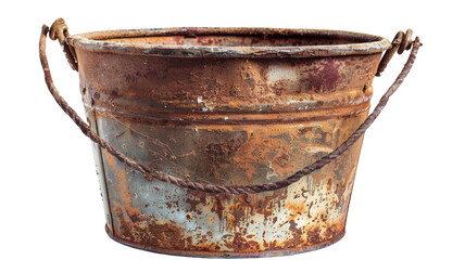 An aged metal bucket showcasing rust and wear, perfect for vintage decoration or rustic themes in photography , PNG , transparent background
