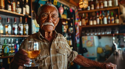 Wall Mural - Old hispanic man holding a glass of tequila looking at the camera standing at a bar counter