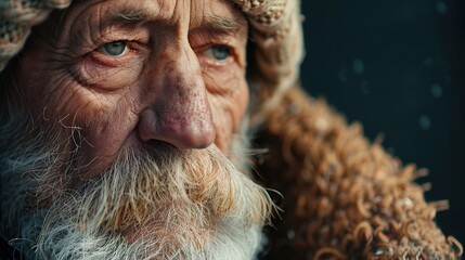 Sticker - Old homeless bearded man, sad and emotional look, close-up portrait of poor elderly person