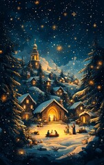 Wall Mural - A serene winter night with a cozy village scene, glowing lights, and softly falling snowflakes, creating a magical holiday atmosphere.