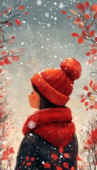 A serene winter scene featuring a girl in a red hat and scarf, surrounded by falling snow and vibrant autumn leaves.