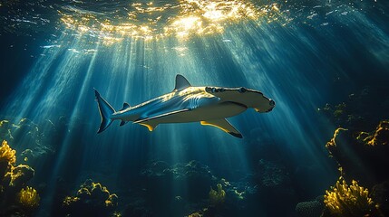 A large shark with its four main fins swims in the sun in the blue Pacific Ocean