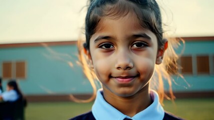 Wall Mural - Portrait of a schoolgirl in uniform. The little girl looks at the camera. School yard outdoor background. Education concept. Elementary class student. Female pupil smile. Back to school.