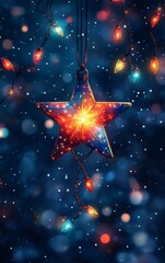 Wall Mural - A vibrant holiday star ornament adorned with colorful lights, set against a dreamy snowy backdrop, perfect for festive celebrations.