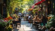 © Maria Vitkovska - People enjoying sunny day eating and drinking on outdoor cafe terrace in city center