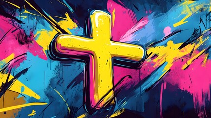 Wall Mural - A vibrant digital illustration of the cross, with dynamic brush strokes and bold colors creating an energetic atmosphere