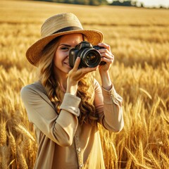 photographer woman with camera against background of wheat field