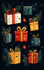 Wall Mural - Colorful Christmas gift boxes with ribbons and festive decorations, perfect for holiday-themed designs and winter celebrations.