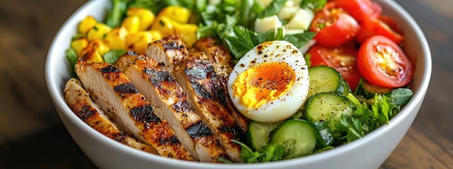 Wall Mural - salad, chicken, grilled egg. Selective focus