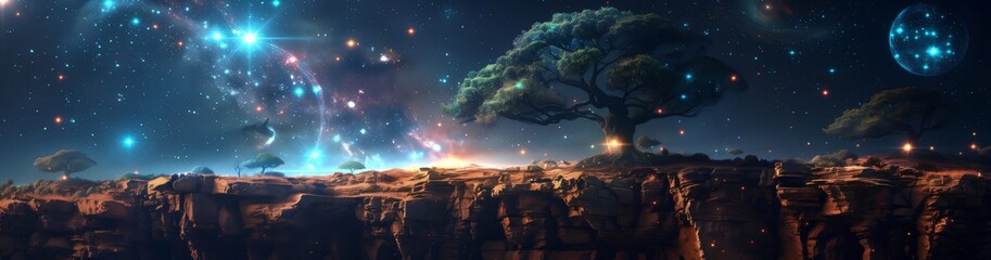 Wall Mural - panoramic banner with fantasy world; a lone tree on an alien cliff under a starry sky. majestic, mag