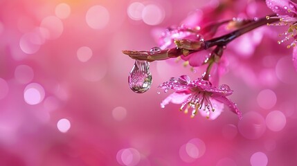 Wall Mural - Pink Sakura branch and water drop on a peaceful spring background, springtime flowers blooming, softness and serenity in nature