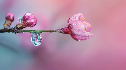 Poster - Pink Sakura branch and water drop on a peaceful spring background, springtime flowers blooming, softness and serenity in nature