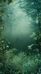 Sticker - Lush green foliage with blurred background, creating a dreamy forest scene.