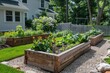 © Alexandra Selina - Close up of vegetable garden with raised beds and beautiful flowers in backyard