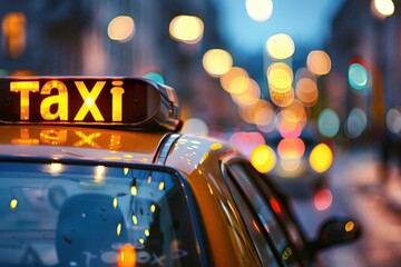 City taxi reflecting neon lights on the street during evening rush hour traffic