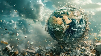 Poster - Planet earth made of building materials, destroyed by the excess of business and finance. Conceptual illustration of global warming and resource depletion