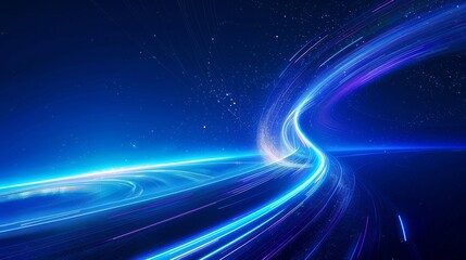 On a blue gradient background, there is a circular spiral vortex icon with circular halos and abstract lighting effects, bright and vibrant colors, simple design