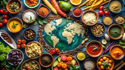 world map made of colorful spices and grains, surrounded by fresh vegetables and herbs, celebrating 