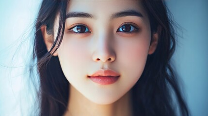 Close-up of a young Asian woman with radiant skin, natural beauty