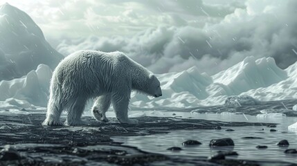 Poster - Polar bear threatened by climate change, global warming and ice melting, walking on a polluted land in a toxic atmosphere