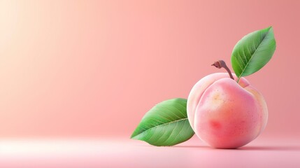 Canvas Print - A single peach with leaves on a pink background.