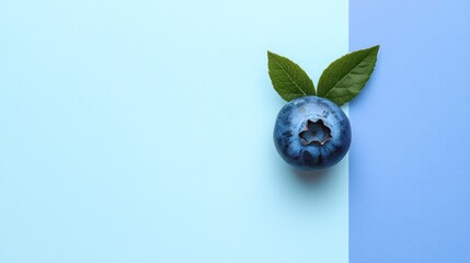 single blueberry with leaves on blue background.