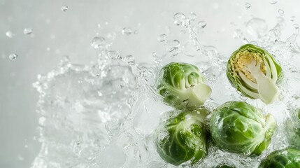 Fresh green brussels sprouts splash in water.