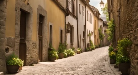 Sticker - Empty Narrow Medieval Alley in Springtime Seamless looping time lapse video animation background 4k animation