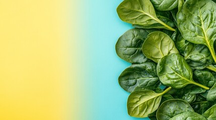 Green spinach leaves on a yellow and blue background.