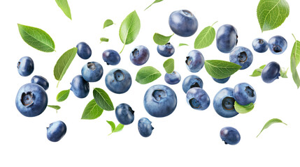 Canvas Print - blueberries with green leaves isolated on transparent white background, clipping path