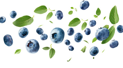 Wall Mural - blueberries with green leaves isolated on transparent white background, clipping path