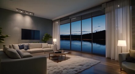 Wall Mural - Living room and Lake view at night and beautiful moonlight Seamless looping time lapse video animation background 4k animation