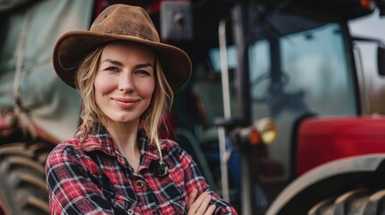 Sticker - Proud attractive female farmer standing in front of agricultural machinery