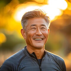 A happy, older man with gray hair wearing a sport jacket smiles warmly, backlit by golden sunlight, creating a positive, vibrant atmosphere perfect for wellness, lifestyle, and retirement themes,